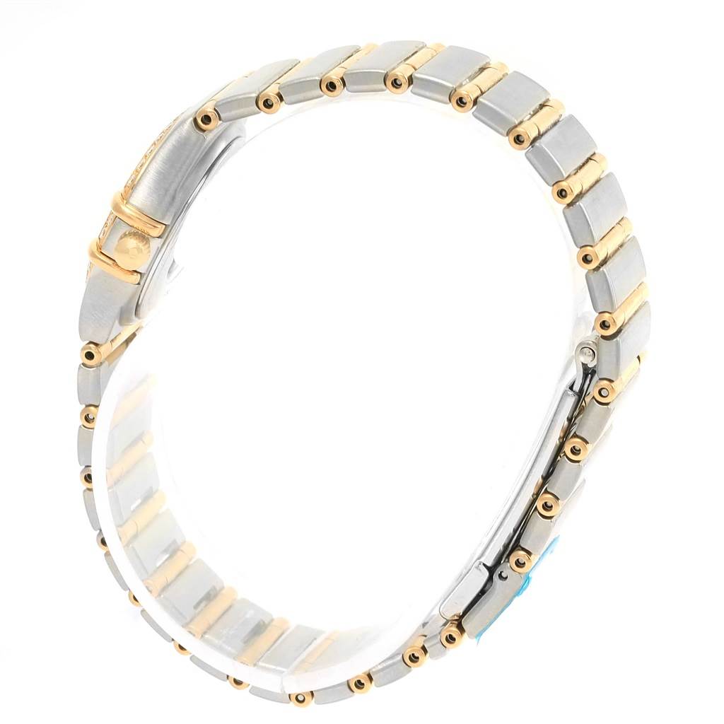 The image shows a side view of the bracelet and clasp of the Omega 1267.75.00 Women
s Steel and Gold (two tone) Mother of Pearl Dial 1267.75.00 Women
s Steel and Gold (two tone) Mother of Pearl Dial Constellation My Choice Mini Ladies Diamond Watch 1267.75.00.