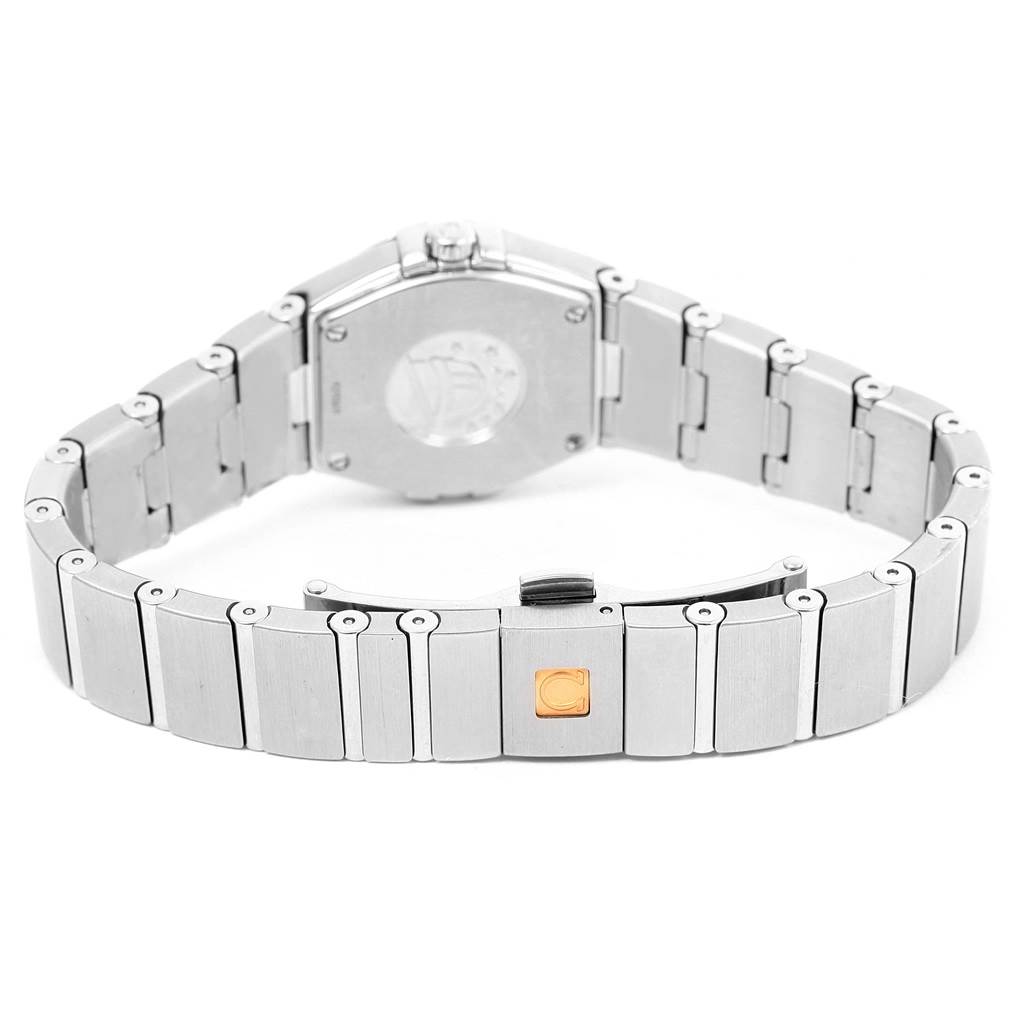 The image shows the back of the Omega 123.15.24.60.55.004 Women's Stainless Steel Mother of Pearl Dial 123.15.24.60.55.004 Women's Stainless Steel Mother of Pearl Dial Constellation Quartz 24 MOP Diamond Watch 123.15.24.60.55.004, focusing on the bracelet and clasp.