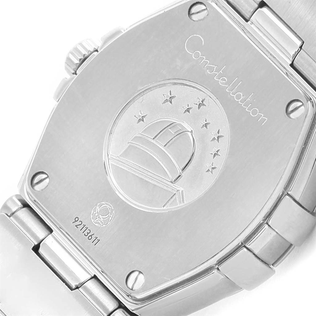 This is a close-up of the case back of the Omega 123.15.24.60.55.004 Women's Stainless Steel Mother of Pearl Dial 123.15.24.60.55.004 Women's Stainless Steel Mother of Pearl Dial Constellation Quartz 24 MOP Diamond Watch 123.15.24.60.55.004.