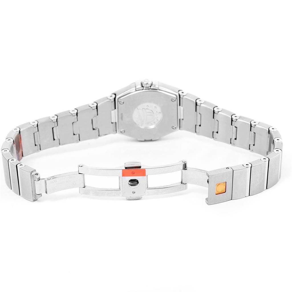 The image shows the back view and open clasp of an Omega 123.15.24.60.55.004 Women's Stainless Steel Mother of Pearl Dial 123.15.24.60.55.004 Women's Stainless Steel Mother of Pearl Dial Constellation Quartz 24 MOP Diamond Watch model 123.15.24.60.55.004.