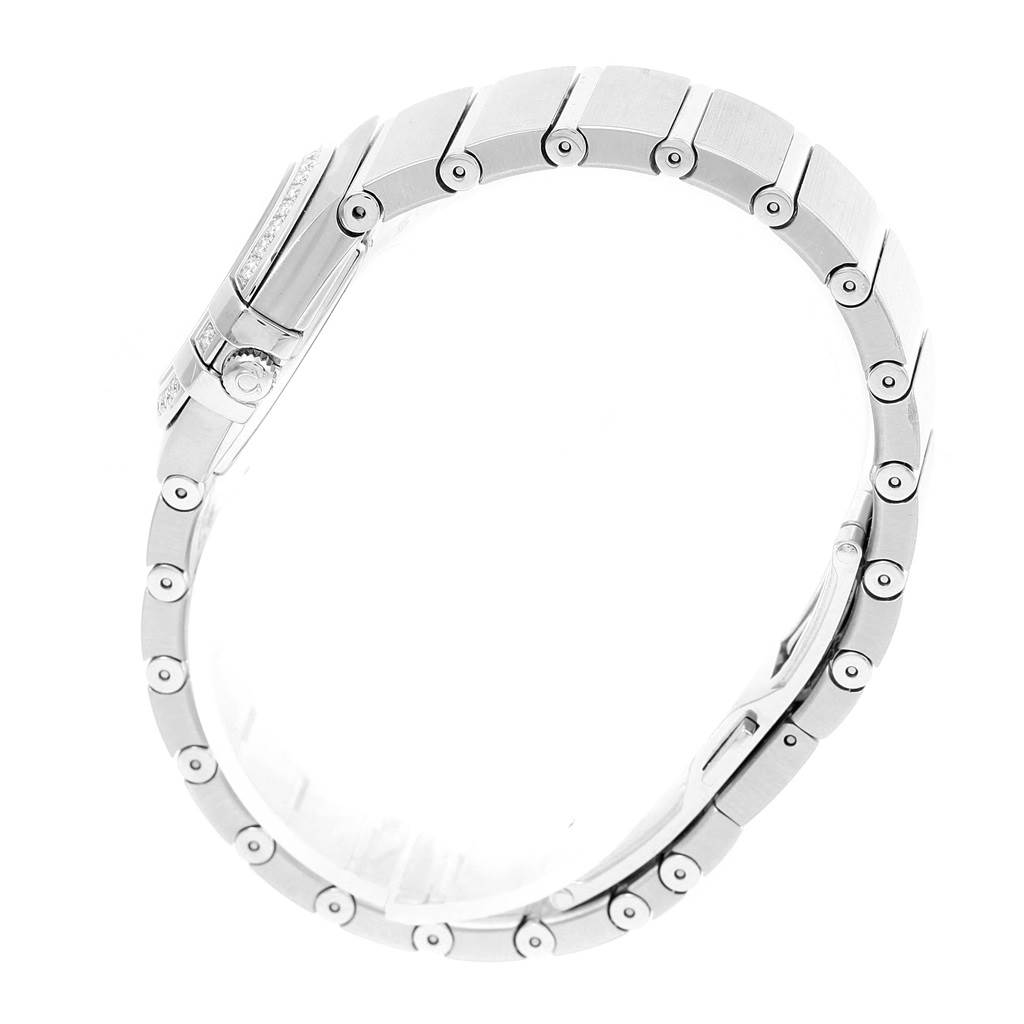 This image shows the side profile of the Omega 123.15.24.60.55.004 Women's Stainless Steel Mother of Pearl Dial 123.15.24.60.55.004 Women's Stainless Steel Mother of Pearl Dial Constellation Quartz 24 MOP Diamond Watch 123.15.24.60.55.004 and its bracelet.