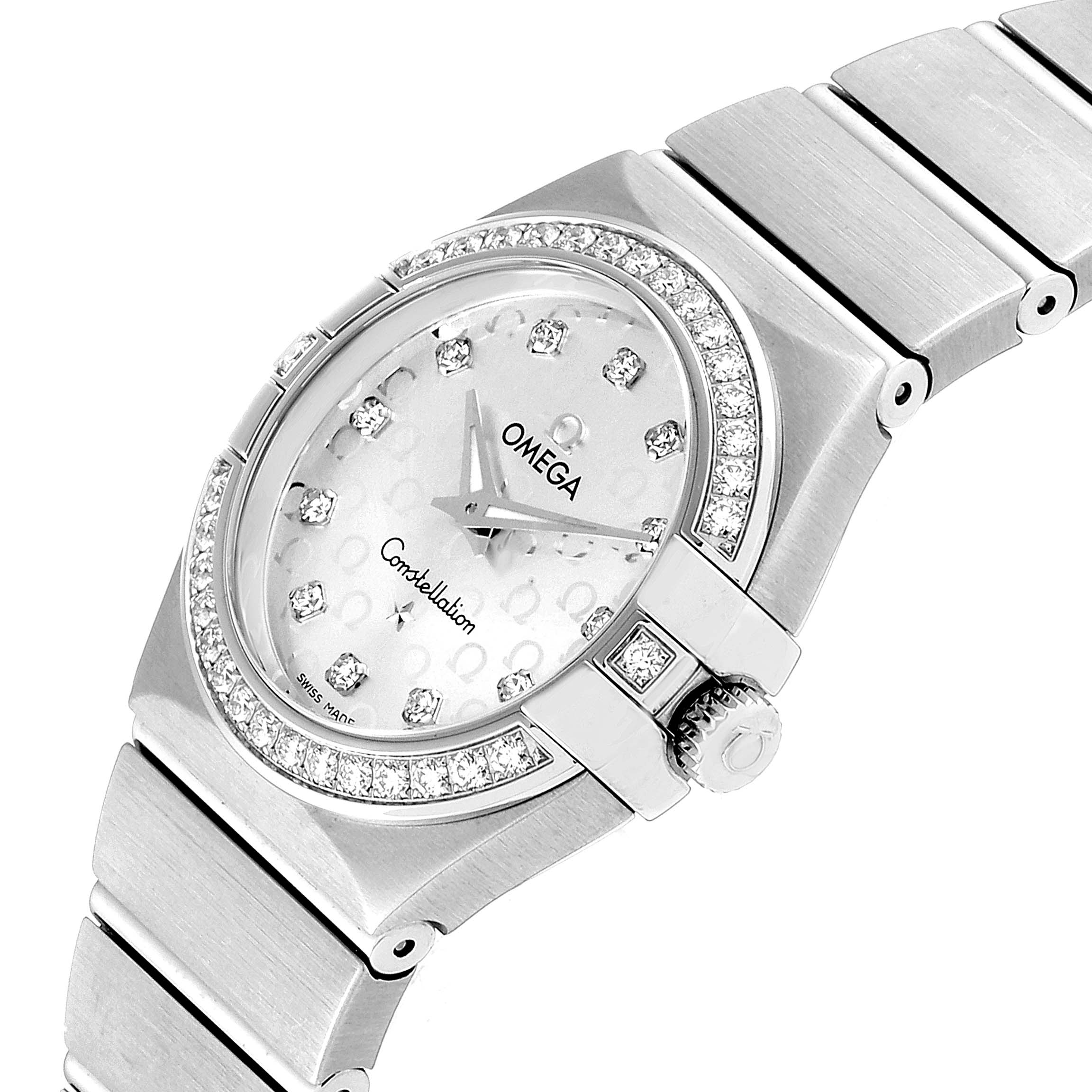The image shows a Constellation 27mm Diamond Ladies Watch by Omega 123.15.27.60.52.001 Women's Stainless Steel Silver Dial 123.15.27.60.52.001 Women's Stainless Steel Silver Dial, model 123.15.27.60.52.001, from an angled side view.