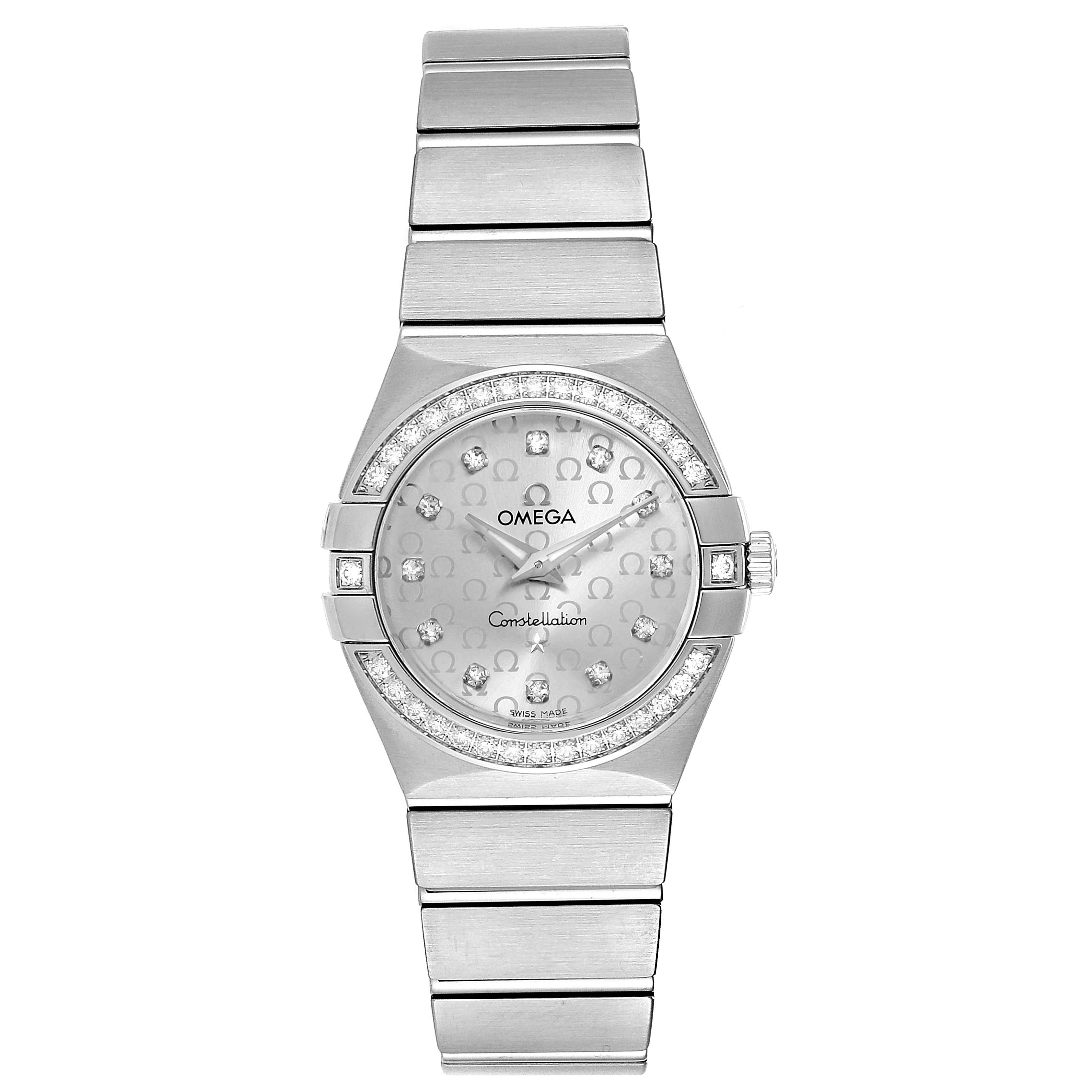 The Omega 123.15.27.60.52.001 Women's Stainless Steel Silver Dial 123.15.27.60.52.001 Women's Stainless Steel Silver Dial Constellation 27mm Diamond Ladies Watch 123.15.27.60.52.001 is shown from a front angle, displaying the face and bracelet.