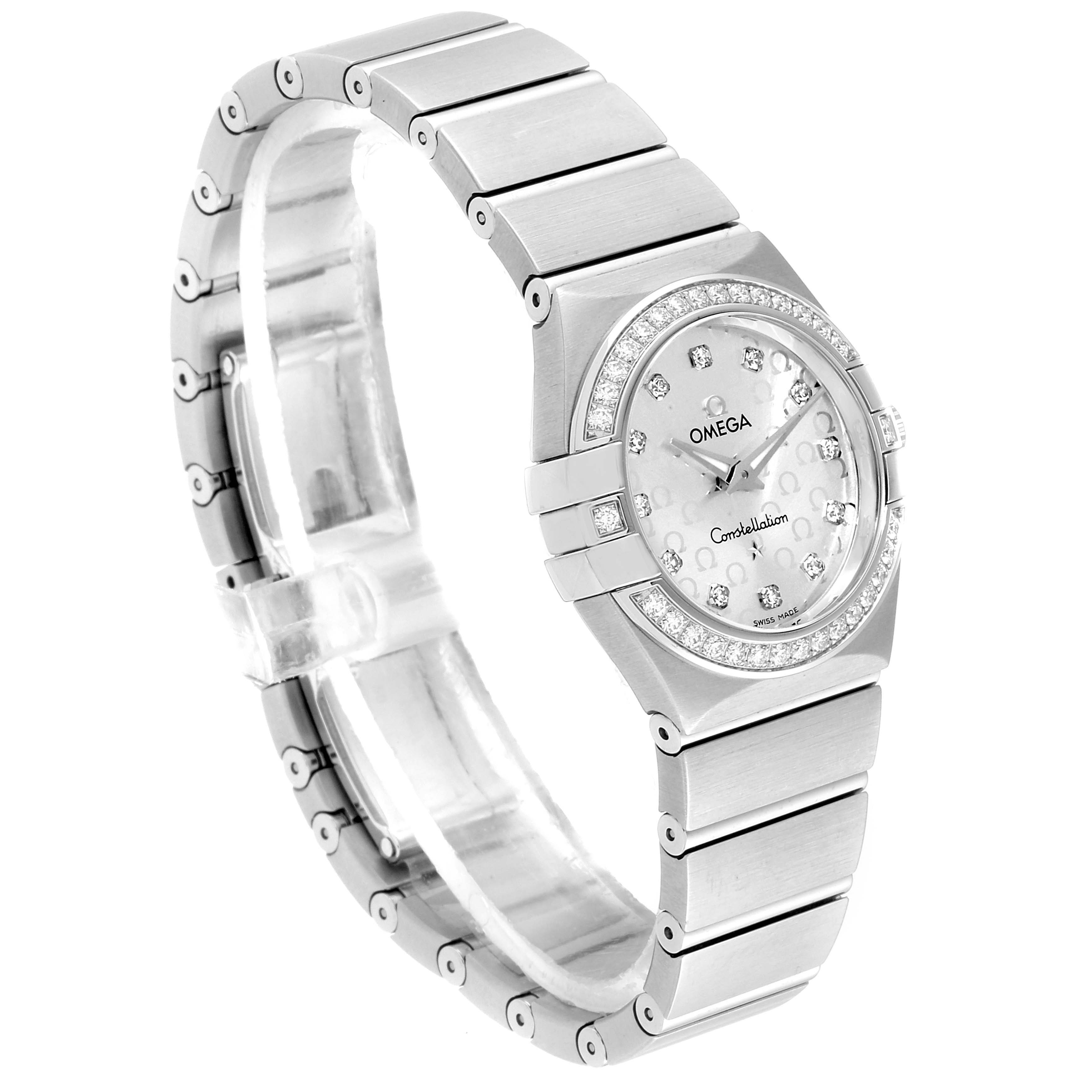 This image shows an angled view of the Omega 123.15.27.60.52.001 Women's Stainless Steel Silver Dial 123.15.27.60.52.001 Women's Stainless Steel Silver Dial Constellation 27mm Diamond Ladies Watch 123.15.27.60.52.001, highlighting its face and bracelet.