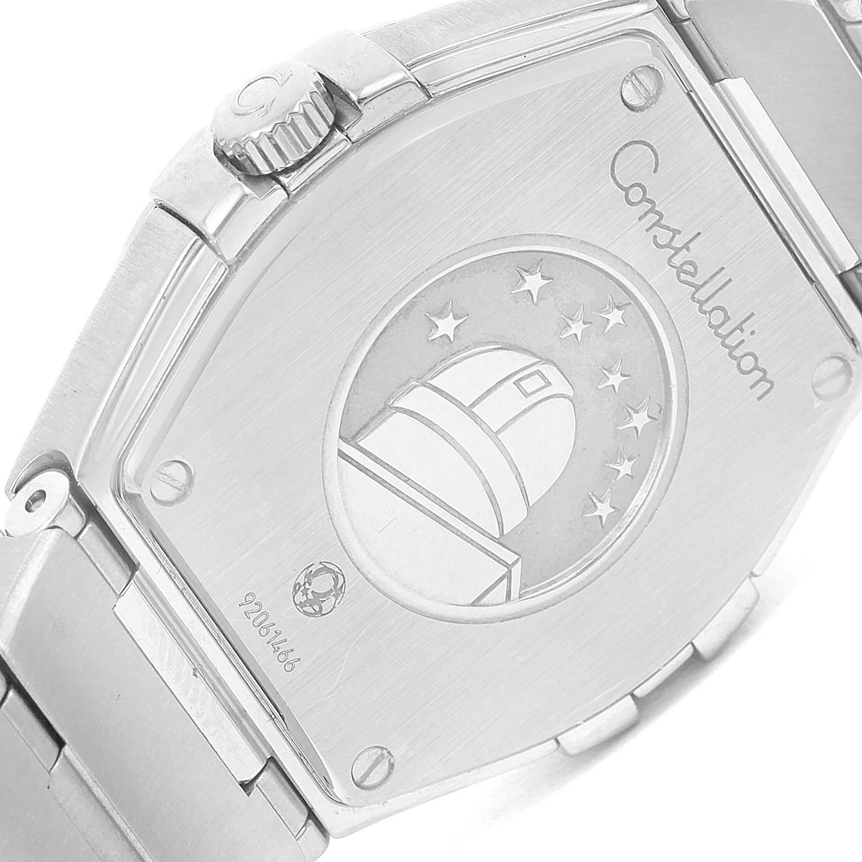 This image shows the back case and part of the bracelet of an Omega 123.15.27.60.52.001 Women's Stainless Steel Silver Dial 123.15.27.60.52.001 Women's Stainless Steel Silver Dial Constellation 27mm Diamond Ladies Watch model 123.15.27.60.52.001.