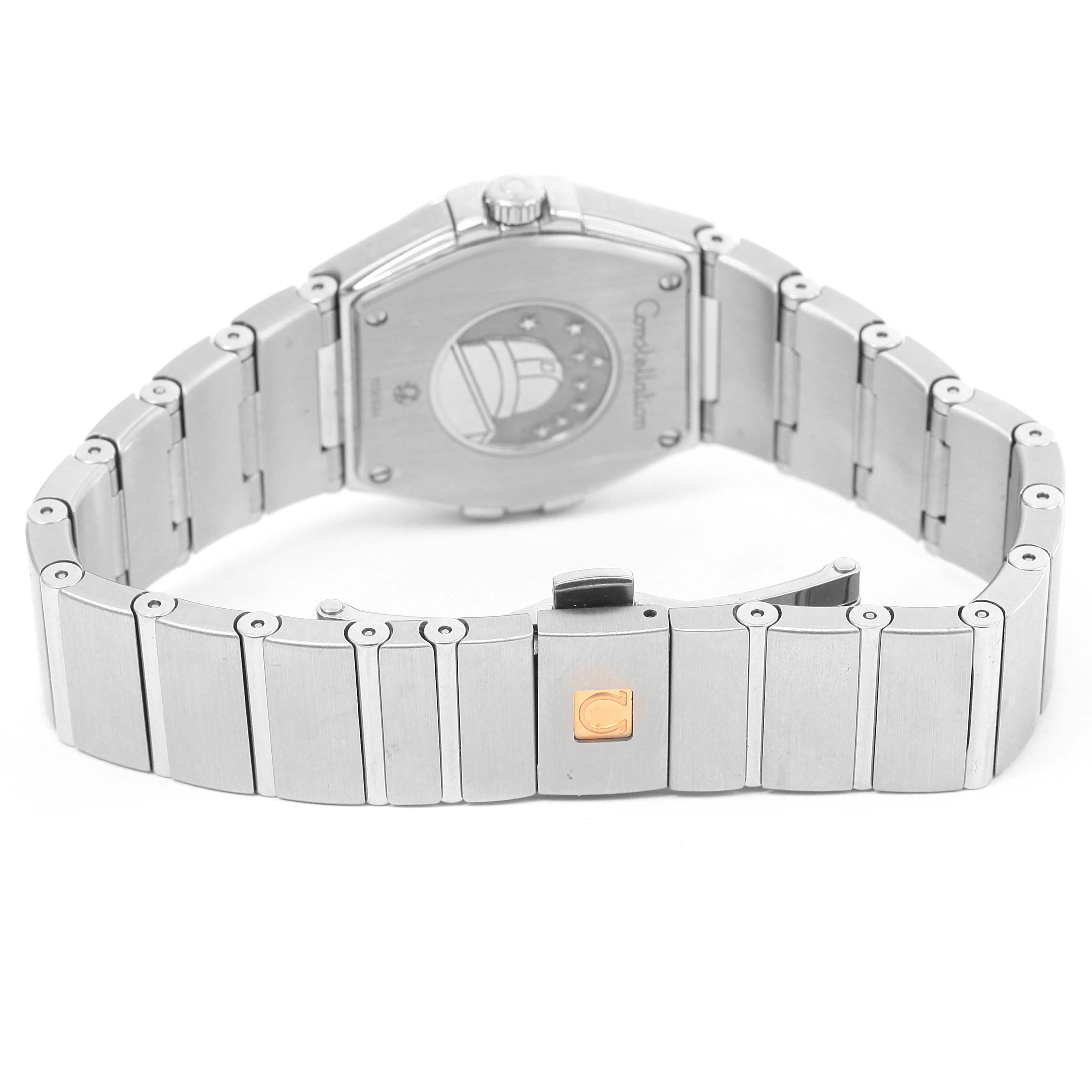 The image shows the back and bracelet clasp of the Omega 123.15.27.60.52.001 Women's Stainless Steel Silver Dial 123.15.27.60.52.001 Women's Stainless Steel Silver Dial Constellation 27mm Diamond Ladies Watch model 123.15.27.60.52.001.