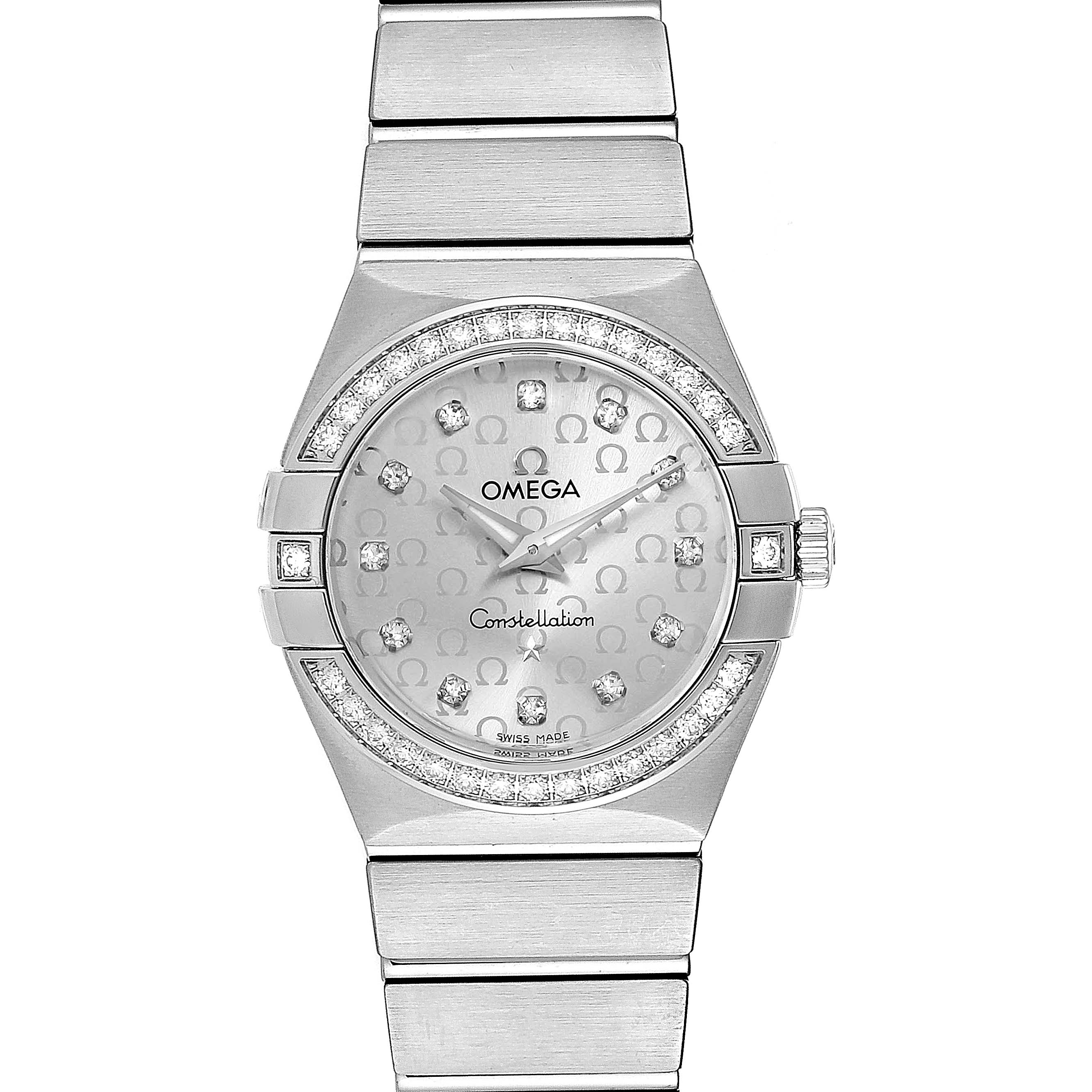 This image shows a front view of the Omega 123.15.27.60.52.001 Women's Stainless Steel Silver Dial 123.15.27.60.52.001 Women's Stainless Steel Silver Dial Constellation 27mm Diamond Ladies Watch model 123.15.27.60.52.001.