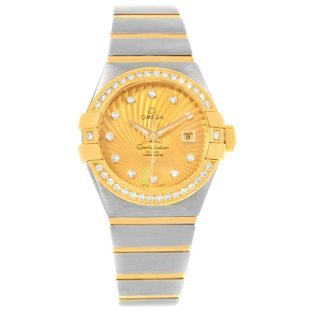 The Omega 123.25.31.20.58.001 Women
s Steel and Gold (two tone) Champagne Dial 123.25.31.20.58.001 Women
s Steel and Gold (two tone) Champagne Dial Constellation 31 Co-Axial Diamond Ladies Watch 123.25.31.20.58.001 shows the front view, highlighting its dial, bezel, and bracelet.