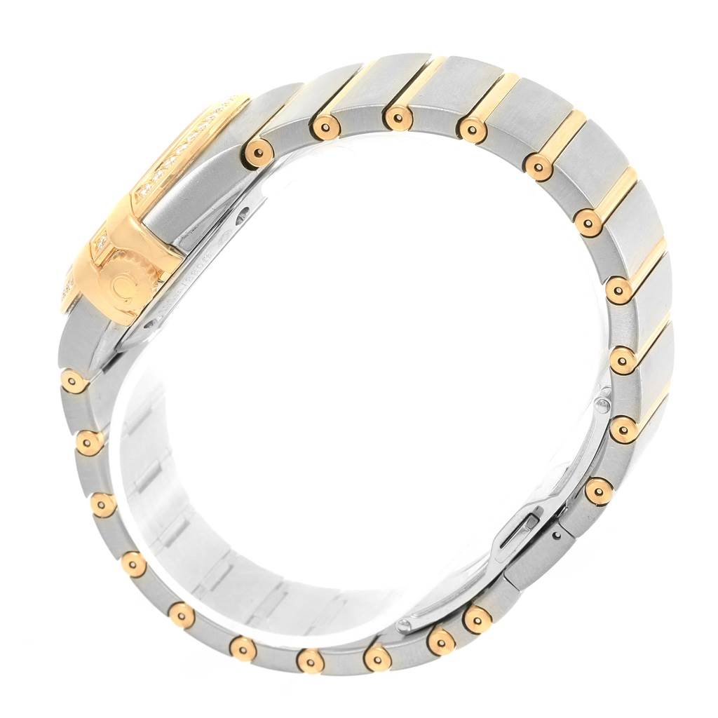 The image shows a side view of the bracelet and clasp of the Omega 123.25.31.20.58.001 Women
s Steel and Gold (two tone) Champagne Dial 123.25.31.20.58.001 Women
s Steel and Gold (two tone) Champagne Dial Constellation 31 Co-Axial Diamond Ladies Watch 123.25.31.20.58.001.