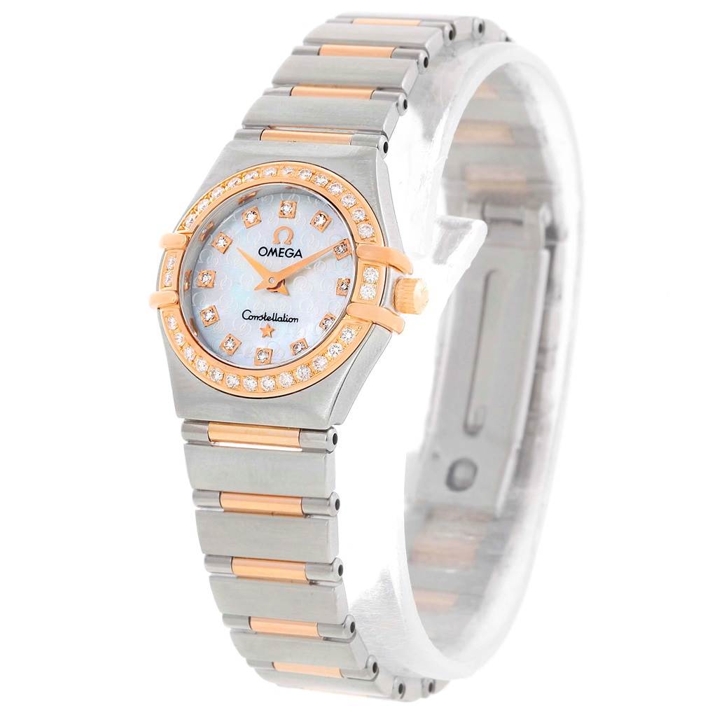 The Omega 1360.75.00 Women's Steel and Gold (two tone) Mother of Pearl Dial 1360.75.00 Women's Steel and Gold (two tone) Mother of Pearl Dial Constellation My Choice Mini Diamond Watch 1360.75.00 is shown at an angled front view, displaying its face, bezel, and bracelet.