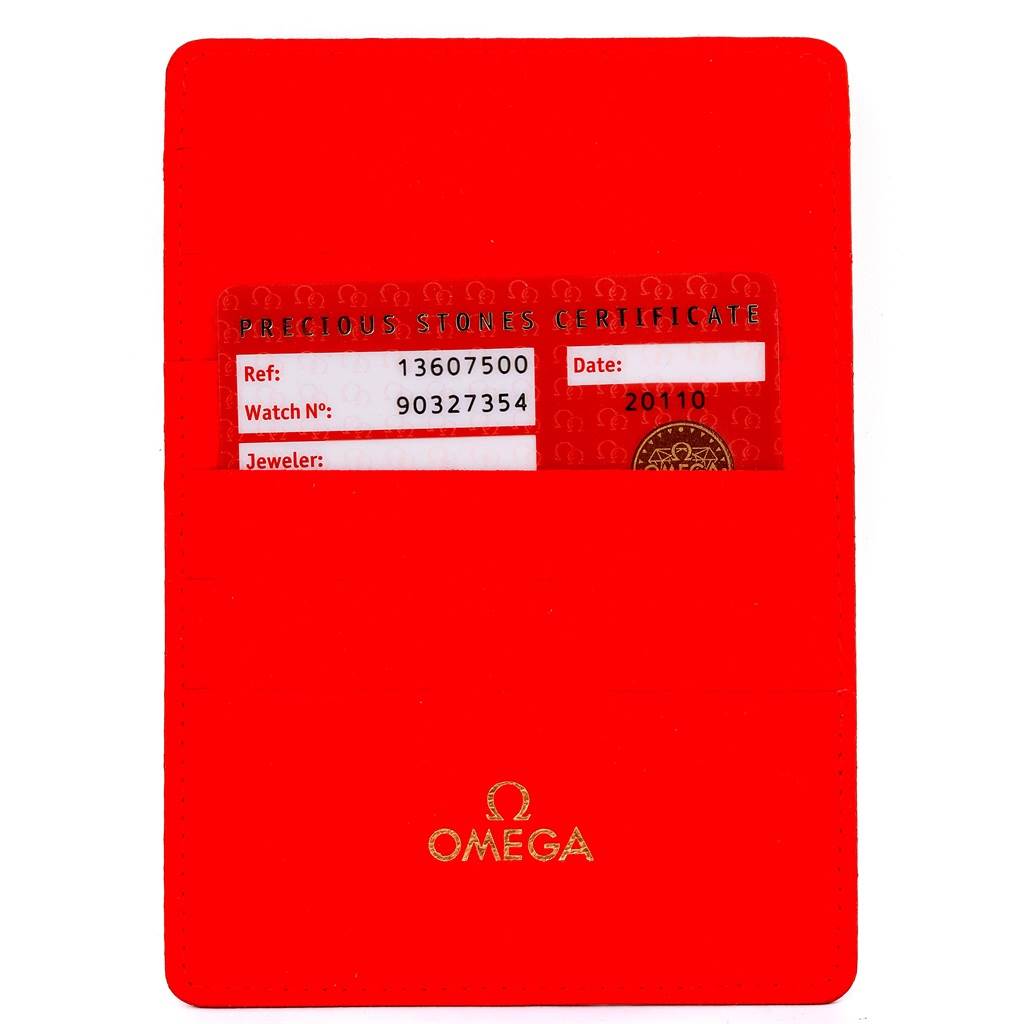 The image features the red certification card for the Omega 1360.75.00 Women's Steel and Gold (two tone) Mother of Pearl Dial 1360.75.00 Women's Steel and Gold (two tone) Mother of Pearl Dial Constellation My Choice Mini Diamond Watch 1360.75.00.