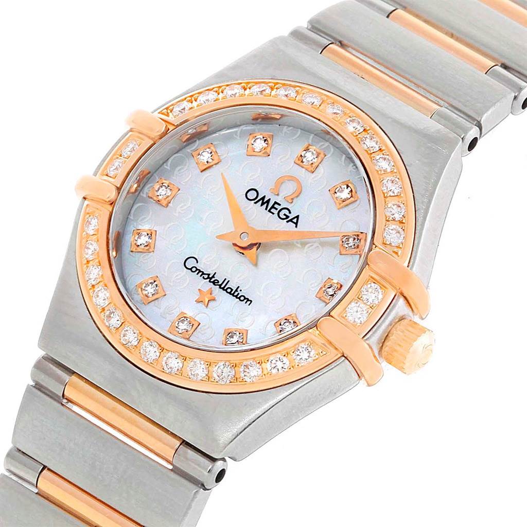 This image shows the dial, bezel, and part of the bracelet of the Omega 1360.75.00 Women's Steel and Gold (two tone) Mother of Pearl Dial 1360.75.00 Women's Steel and Gold (two tone) Mother of Pearl Dial Constellation My Choice Mini Diamond Watch 1360.75.00 from a front angle.