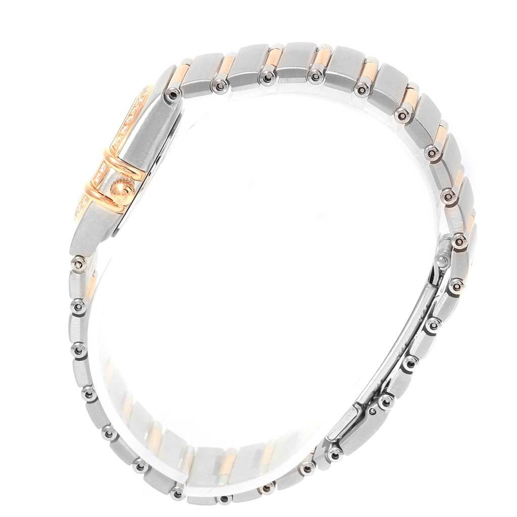 The image shows a side angle of the Omega 1360.75.00 Women's Steel and Gold (two tone) Mother of Pearl Dial 1360.75.00 Women's Steel and Gold (two tone) Mother of Pearl Dial Constellation My Choice Mini Diamond Watch 1360.75.00, focusing on the bracelet and clasp.