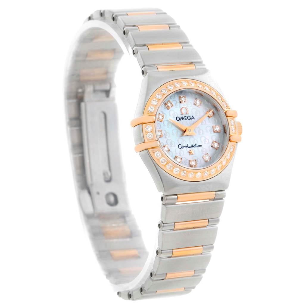 The Omega 1360.75.00 Women's Steel and Gold (two tone) Mother of Pearl Dial 1360.75.00 Women's Steel and Gold (two tone) Mother of Pearl Dial Constellation My Choice Mini Diamond Watch 1360.75.00 is shown at an angled view, highlighting its face, bezel, and band.
