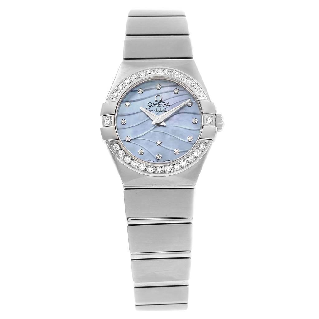 The image shows a front view of the Omega 123.15.24.60.57.001 Women's Stainless Steel Mother of Pearl Dial 123.15.24.60.57.001 Women's Stainless Steel Mother of Pearl Dial Constellation Quartz 24 MOP Diamond Watch 123.15.24.60.57.001, highlighting its dial and bracelet.