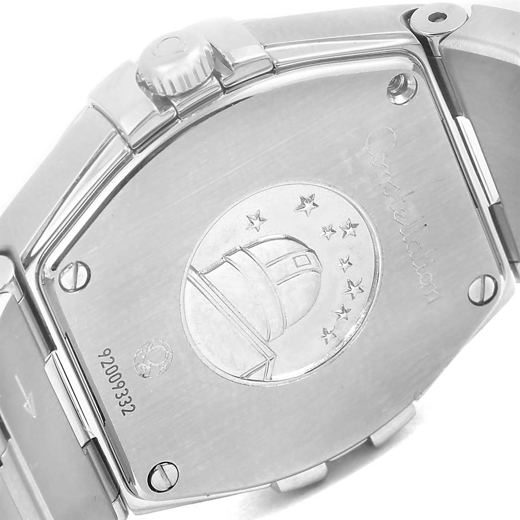 The image shows the case back and part of the bracelet of the Omega 123.15.24.60.57.001 Women's Stainless Steel Mother of Pearl Dial 123.15.24.60.57.001 Women's Stainless Steel Mother of Pearl Dial Constellation Quartz 24 MOP Diamond Watch model 123.15.24.60.57.001.