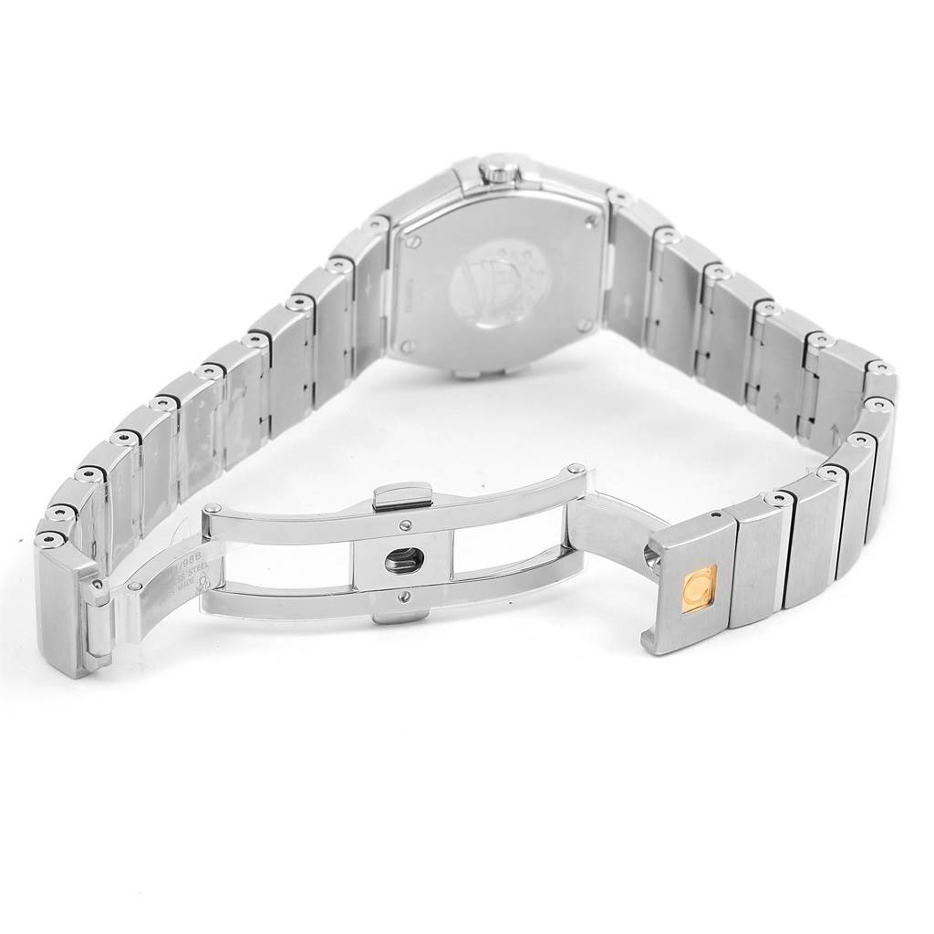 The image shows the back and clasp of the Omega 123.15.24.60.57.001 Women's Stainless Steel Mother of Pearl Dial 123.15.24.60.57.001 Women's Stainless Steel Mother of Pearl Dial Constellation Quartz 24 MOP Diamond Watch 123.15.24.60.57.001.