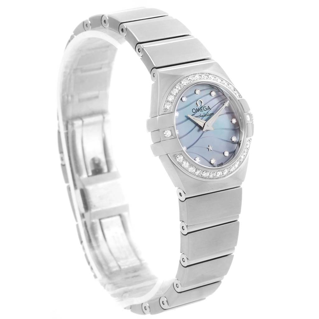 The Omega 123.15.24.60.57.001 Women's Stainless Steel Mother of Pearl Dial 123.15.24.60.57.001 Women's Stainless Steel Mother of Pearl Dial Constellation Quartz 24 MOP Diamond Watch model 123.15.24.60.57.001 is shown at an angle displaying the watch face and bracelet.