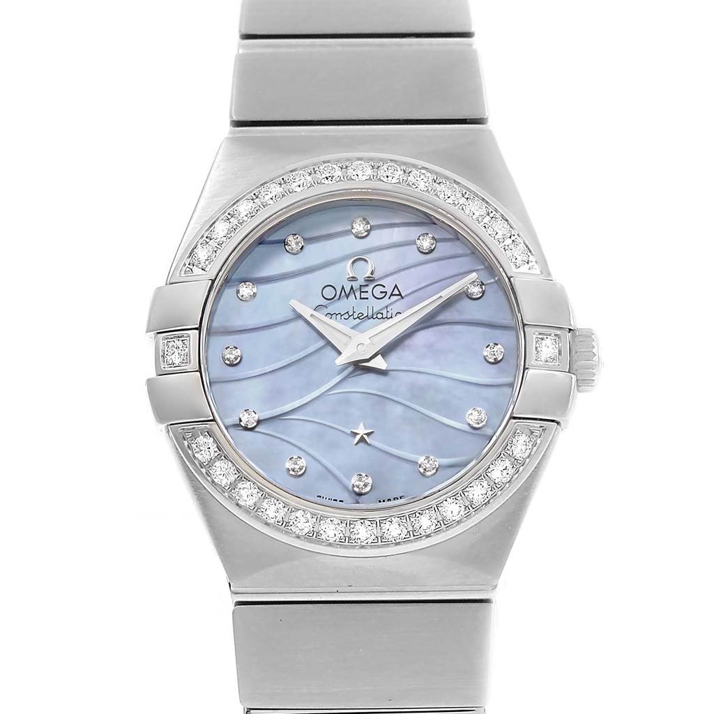 The image shows a front angle of the Omega 123.15.24.60.57.001 Women's Stainless Steel Mother of Pearl Dial 123.15.24.60.57.001 Women's Stainless Steel Mother of Pearl Dial Constellation Quartz 24 MOP Diamond Watch 123.15.24.60.57.001, highlighting the face and bezel.