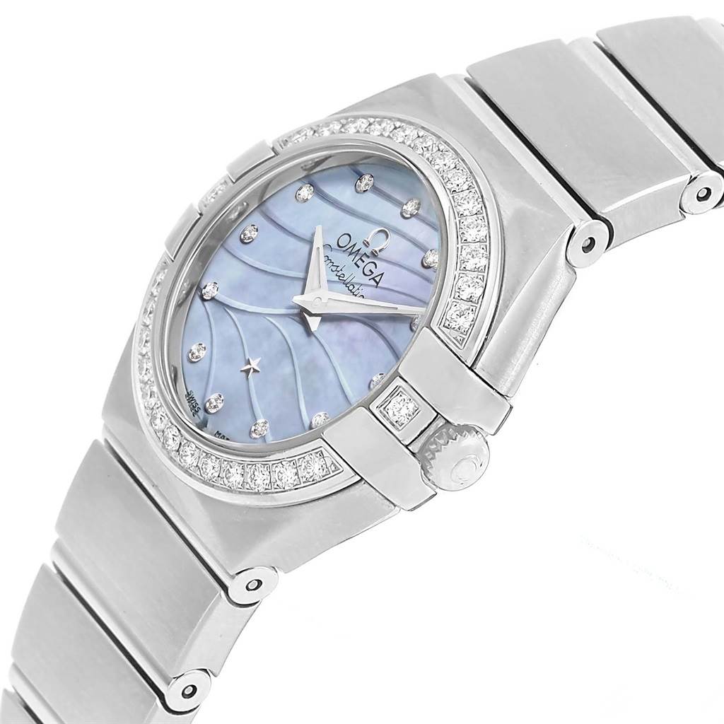 The image shows a close-up side angle of the Omega 123.15.24.60.57.001 Women's Stainless Steel Mother of Pearl Dial 123.15.24.60.57.001 Women's Stainless Steel Mother of Pearl Dial Constellation Quartz 24 MOP Diamond Watch 123.15.24.60.57.001, focusing on the watch face and part of the bracelet.