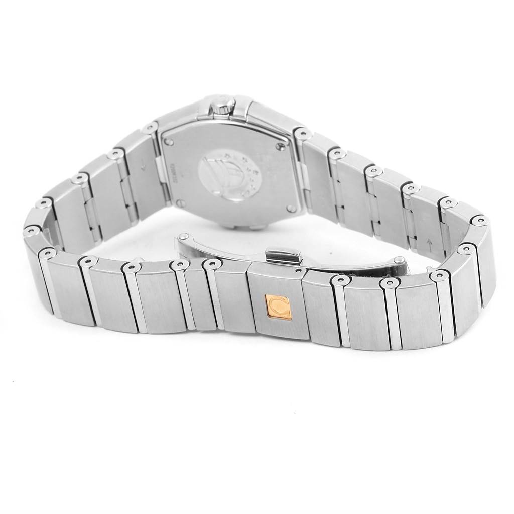 This image shows the rear view of the bracelet and case back of the Omega 123.15.24.60.57.001 Women's Stainless Steel Mother of Pearl Dial 123.15.24.60.57.001 Women's Stainless Steel Mother of Pearl Dial Constellation Quartz 24 MOP Diamond Watch 123.15.24.60.57.001.