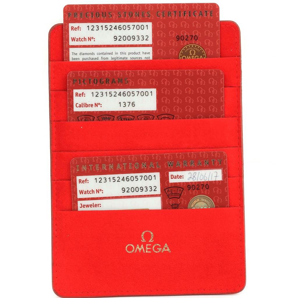 This image showcases the warranty and certification cards for the Omega 123.15.24.60.57.001 Women's Stainless Steel Mother of Pearl Dial 123.15.24.60.57.001 Women's Stainless Steel Mother of Pearl Dial Constellation Quartz 24 MOP Diamond Watch 123.15.24.60.57.001.