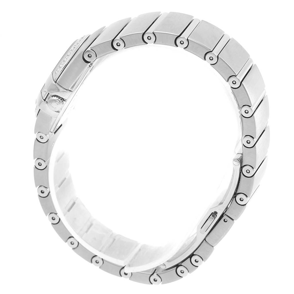 This side-angle image displays the bracelet and clasp of the Omega 123.15.24.60.57.001 Women's Stainless Steel Mother of Pearl Dial 123.15.24.60.57.001 Women's Stainless Steel Mother of Pearl Dial Constellation Quartz 24 MOP Diamond Watch 123.15.24.60.57.001.