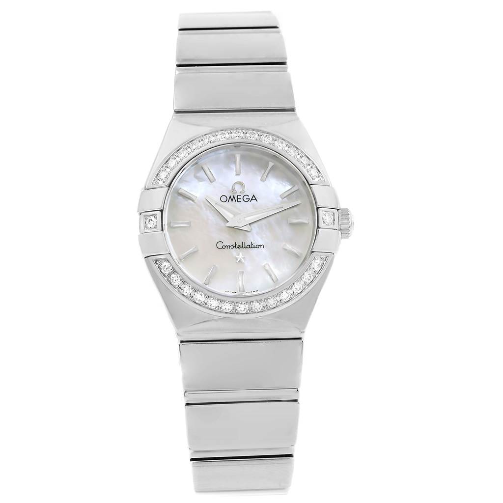 The image shows a front view of the Omega 123.15.24.60.05.002 Women's Stainless Steel Mother of Pearl Dial 123.15.24.60.05.002 Women's Stainless Steel Mother of Pearl Dial Constellation MOP Diamond Ladies Watch 123.15.24.60.05.002, displaying its dial, bracelet, and bezel.