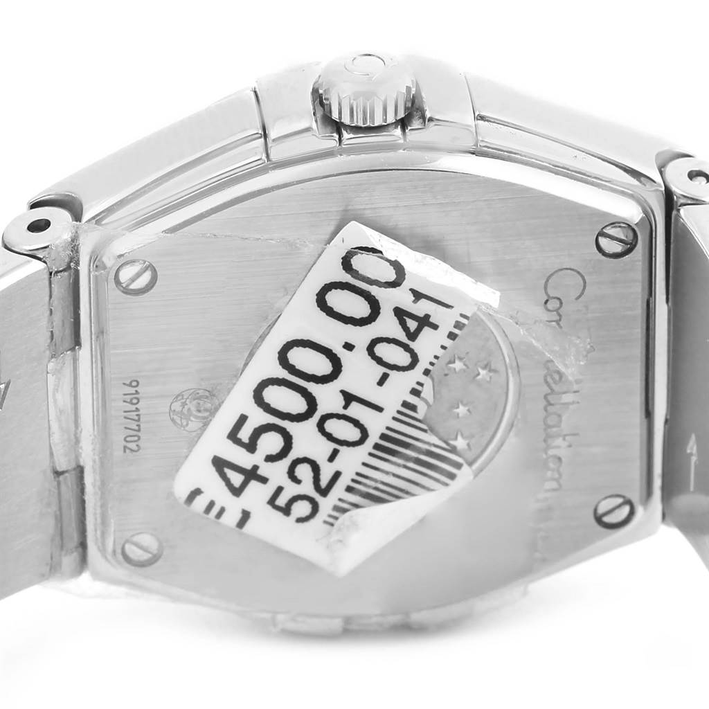 This image shows the back case and crown of the Omega 123.15.24.60.05.002 Women's Stainless Steel Mother of Pearl Dial 123.15.24.60.05.002 Women's Stainless Steel Mother of Pearl Dial Constellation MOP Diamond Ladies Watch 123.15.24.60.05.002 Unworn model.