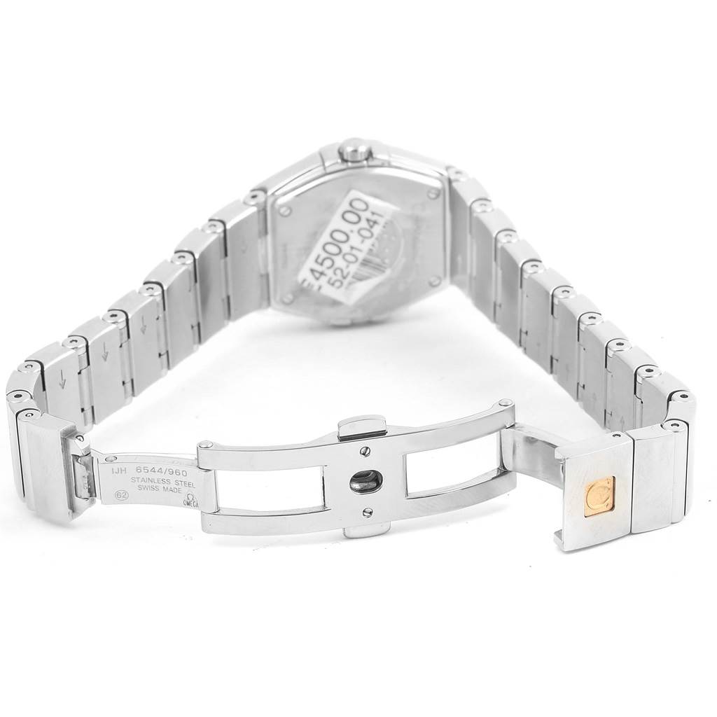 The image shows the back and opened clasp of the Omega 123.15.24.60.05.002 Women's Stainless Steel Mother of Pearl Dial 123.15.24.60.05.002 Women's Stainless Steel Mother of Pearl Dial Constellation MOP Diamond Ladies Watch model 123.15.24.60.05.002.