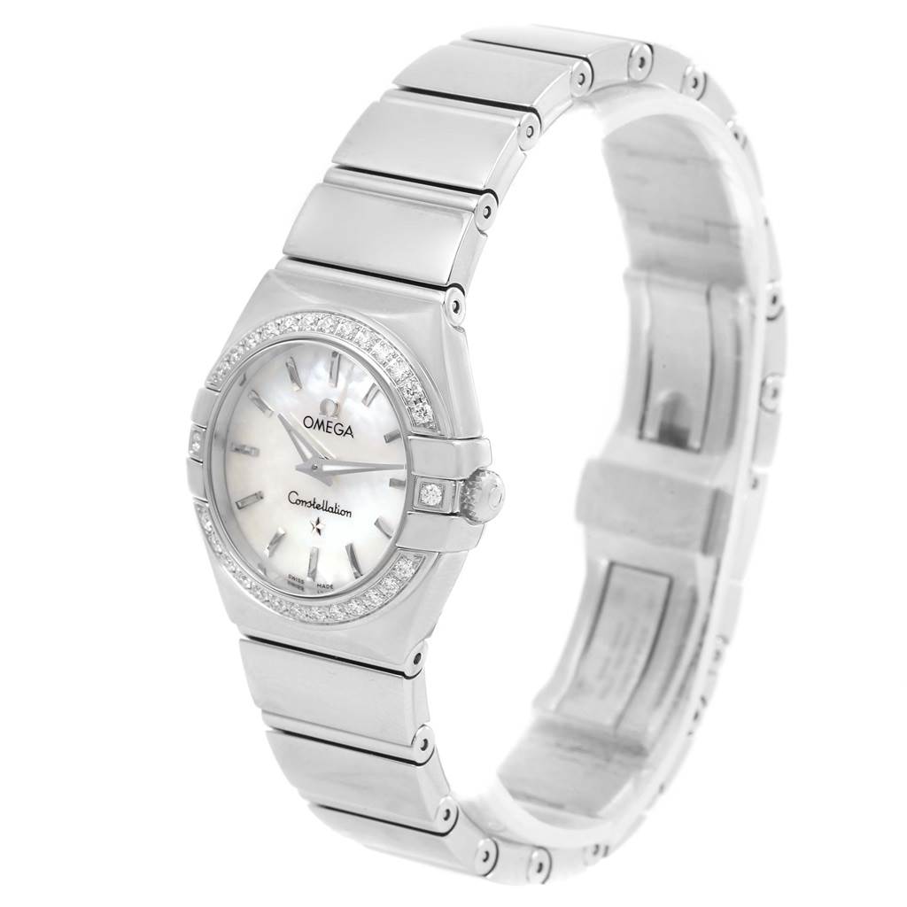The image shows a side angle view of the Omega 123.15.24.60.05.002 Women's Stainless Steel Mother of Pearl Dial 123.15.24.60.05.002 Women's Stainless Steel Mother of Pearl Dial Constellation MOP Diamond Ladies Watch 123.15.24.60.05.002, displaying the band, bezel, and dial.