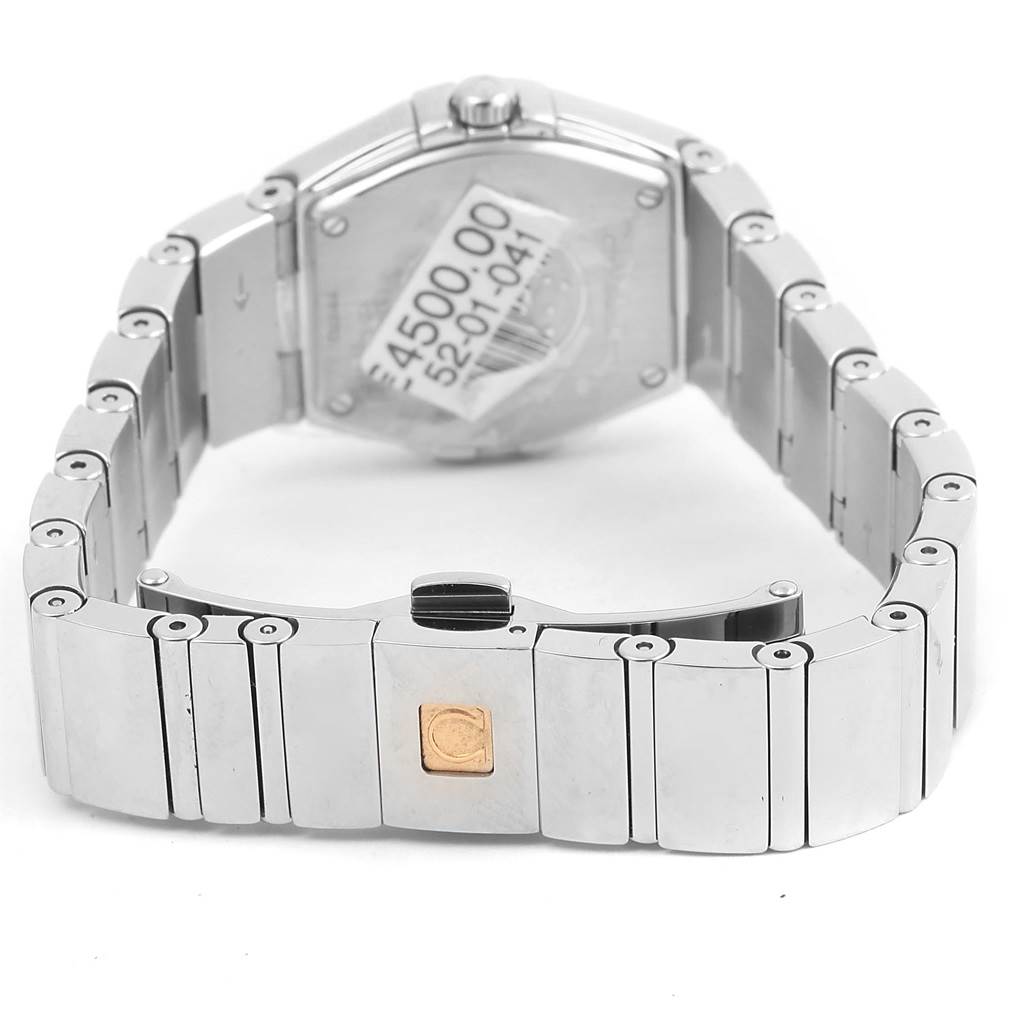 The image shows the back view of an Omega 123.15.24.60.05.002 Women's Stainless Steel Mother of Pearl Dial 123.15.24.60.05.002 Women's Stainless Steel Mother of Pearl Dial Constellation MOP Diamond Ladies Watch 123.15.24.60.05.002, focusing on the bracelet and clasp.