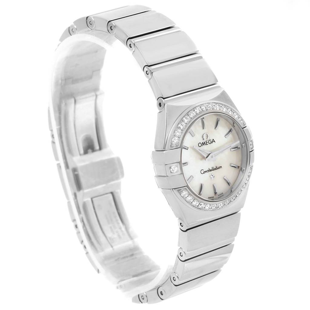The image shows an angled side view of an Omega 123.15.24.60.05.002 Women's Stainless Steel Mother of Pearl Dial 123.15.24.60.05.002 Women's Stainless Steel Mother of Pearl Dial Constellation MOP Diamond Ladies Watch 123.15.24.60.05.002, highlighting the bracelet and face.