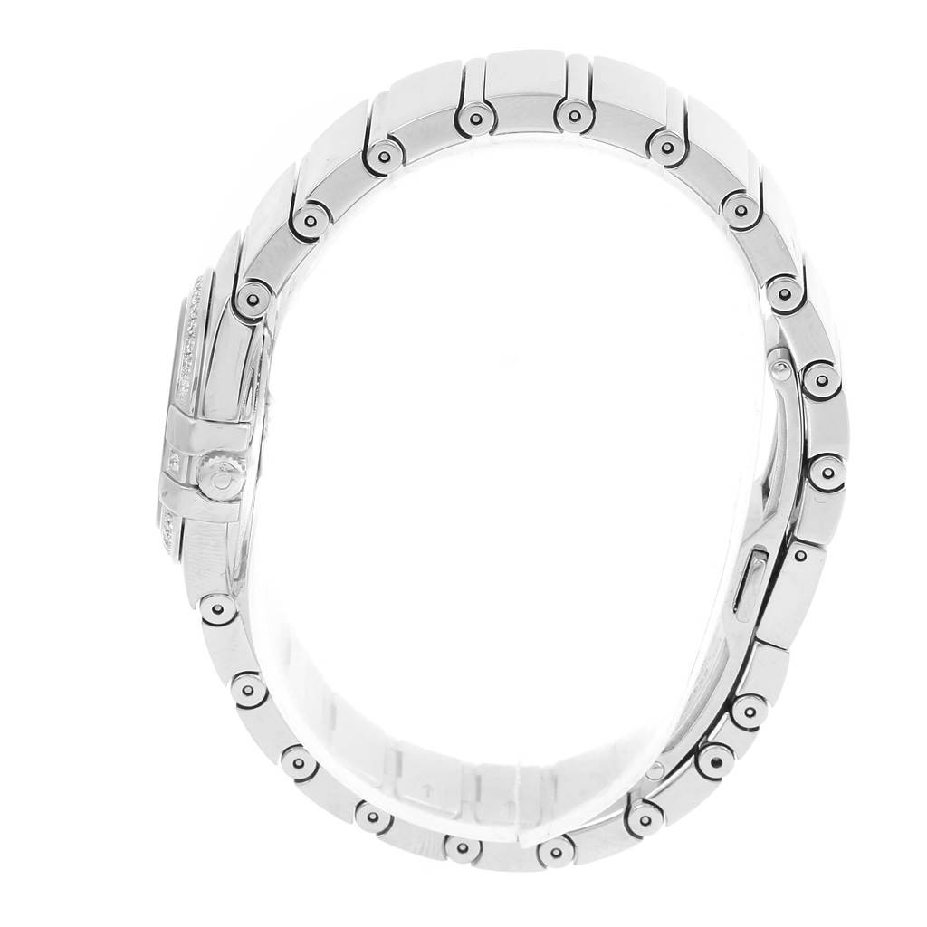 The image shows a side view of the Omega 123.15.24.60.05.002 Women's Stainless Steel Mother of Pearl Dial 123.15.24.60.05.002 Women's Stainless Steel Mother of Pearl Dial Constellation MOP Diamond Ladies Watch model 123.15.24.60.05.002, focusing on the bracelet.