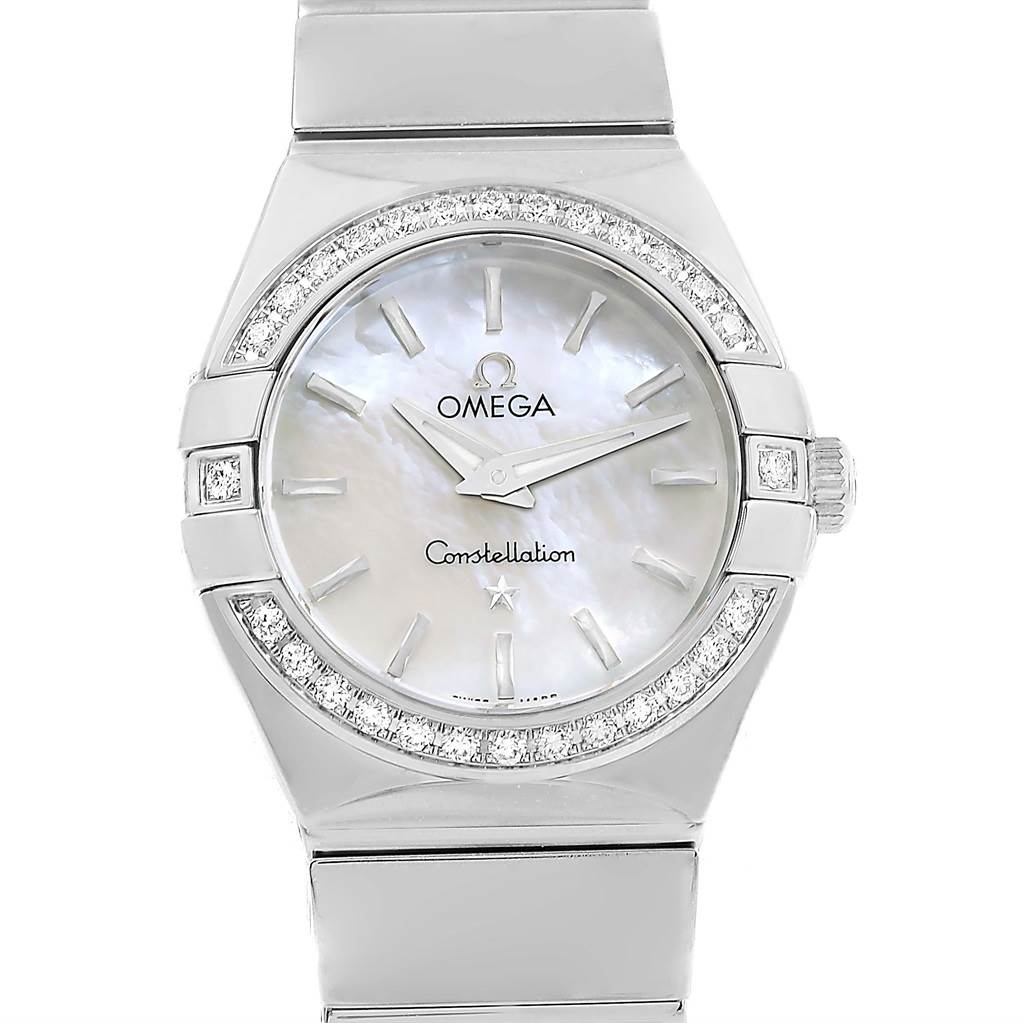 The Omega 123.15.24.60.05.002 Women's Stainless Steel Mother of Pearl Dial 123.15.24.60.05.002 Women's Stainless Steel Mother of Pearl Dial Constellation MOP Diamond Ladies Watch model 123.15.24.60.05.002 is shown in a front view highlighting the dial, bezel, and bracelet.