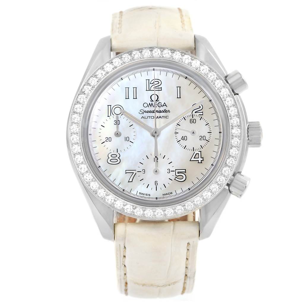 The image shows a front view of the Omega 3815.70.36 Women's Stainless Steel Mother of Pearl Dial 3815.70.36 Women's Stainless Steel Mother of Pearl Dial Speedmaster Ladies Diamond MOP Dial Watch 3815.70.36, highlighting the dial, bezel, and strap.