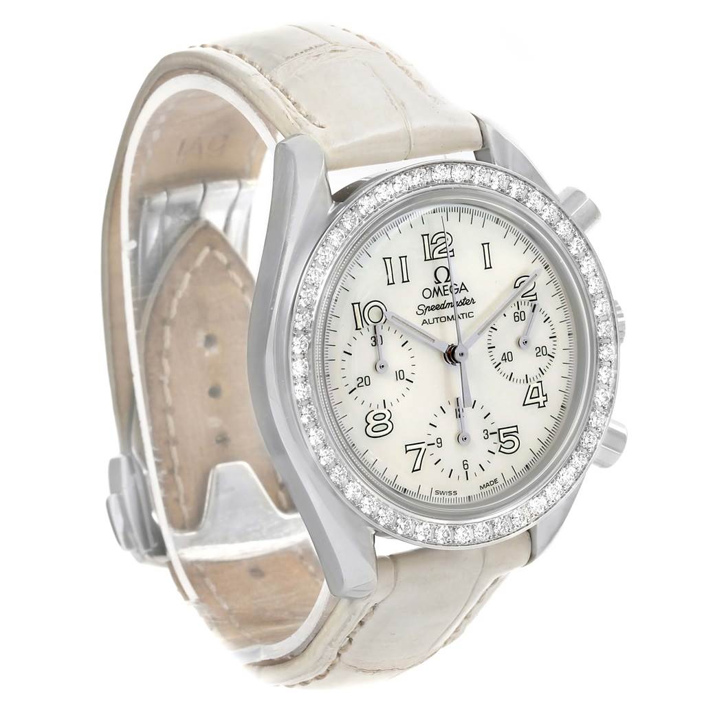 The Omega 3815.70.36 Women's Stainless Steel Mother of Pearl Dial 3815.70.36 Women's Stainless Steel Mother of Pearl Dial Speedmaster Ladies Diamond MOP Dial Watch 3815.70.36 is shown from a slight front angle, highlighting its face, bezel, and strap.