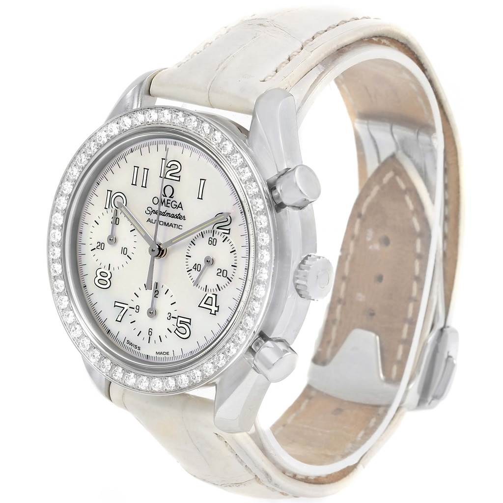 This image shows the Omega 3815.70.36 Women's Stainless Steel Mother of Pearl Dial 3815.70.36 Women's Stainless Steel Mother of Pearl Dial Speedmaster Ladies Diamond MOP Dial Watch 3815.70.36 from a three-quarter angle, highlighting the dial, bezel, and strap.