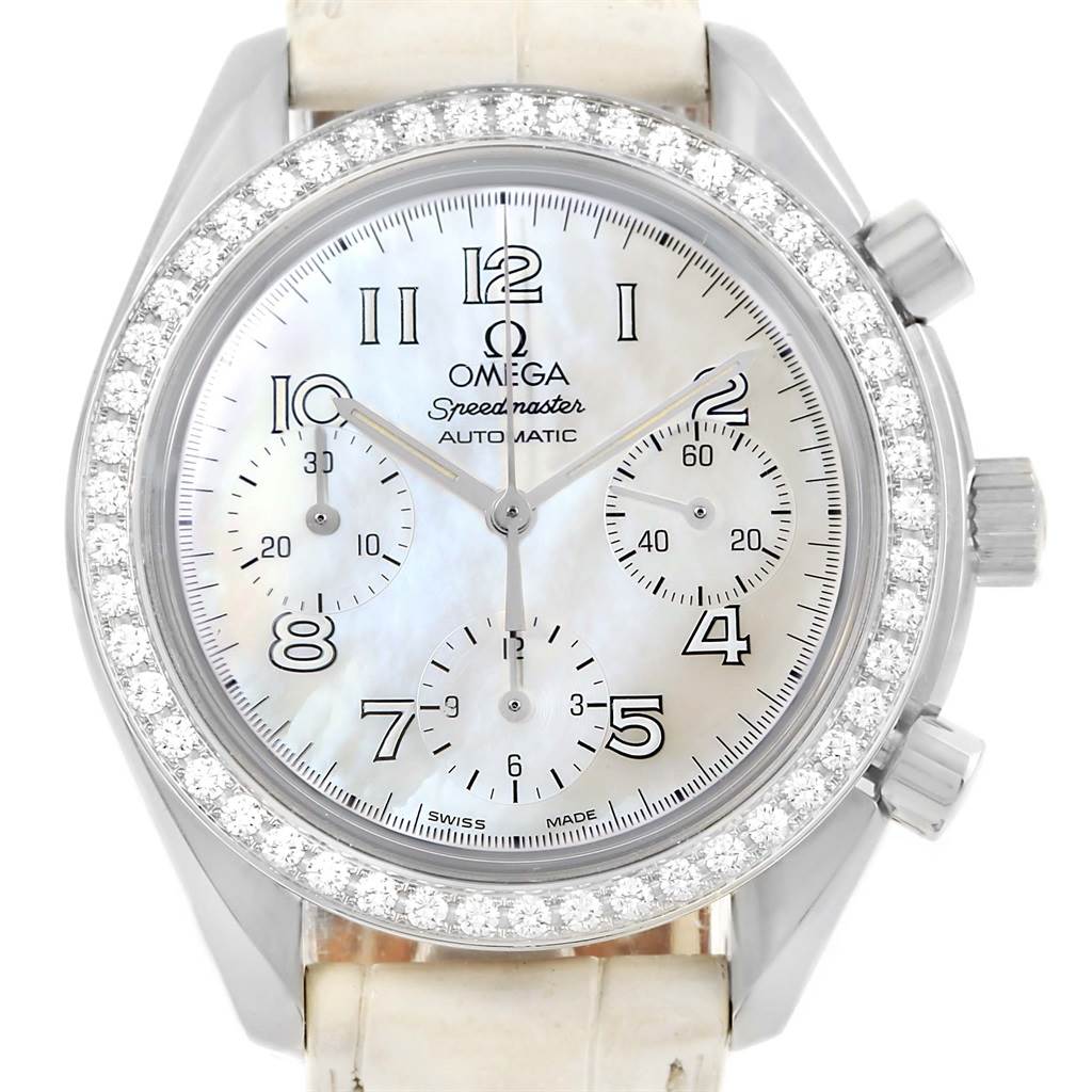The image shows a front view of the Omega 3815.70.36 Women's Stainless Steel Mother of Pearl Dial 3815.70.36 Women's Stainless Steel Mother of Pearl Dial Speedmaster Ladies Diamond MOP Dial Watch 3815.70.36, highlighting its bezel, dial, and strap.