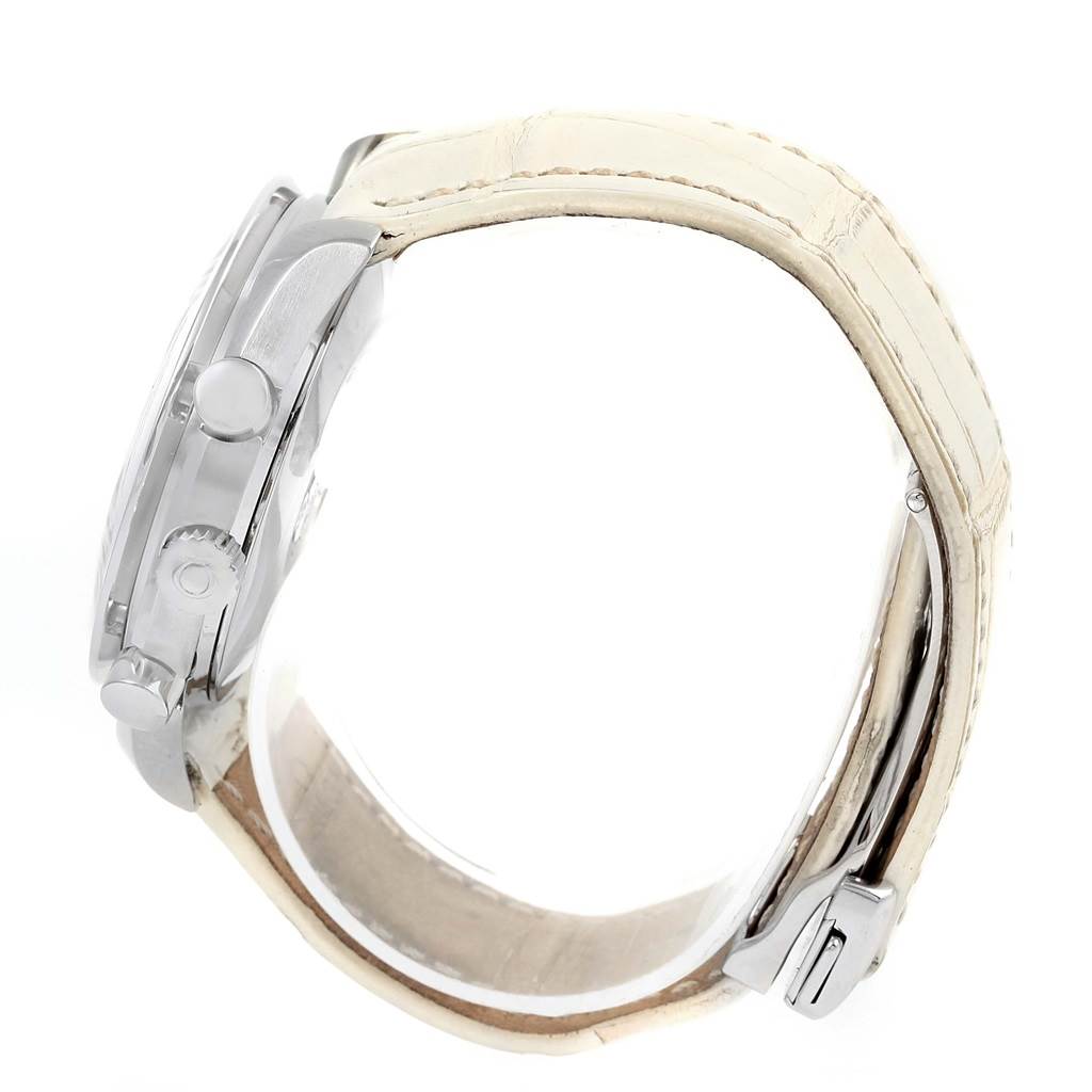 The image shows a side angle of the Omega 3815.70.36 Women's Stainless Steel Mother of Pearl Dial 3815.70.36 Women's Stainless Steel Mother of Pearl Dial Speedmaster Ladies Diamond MOP Dial Watch 3815.70.36, highlighting its case, crown, and buttons.