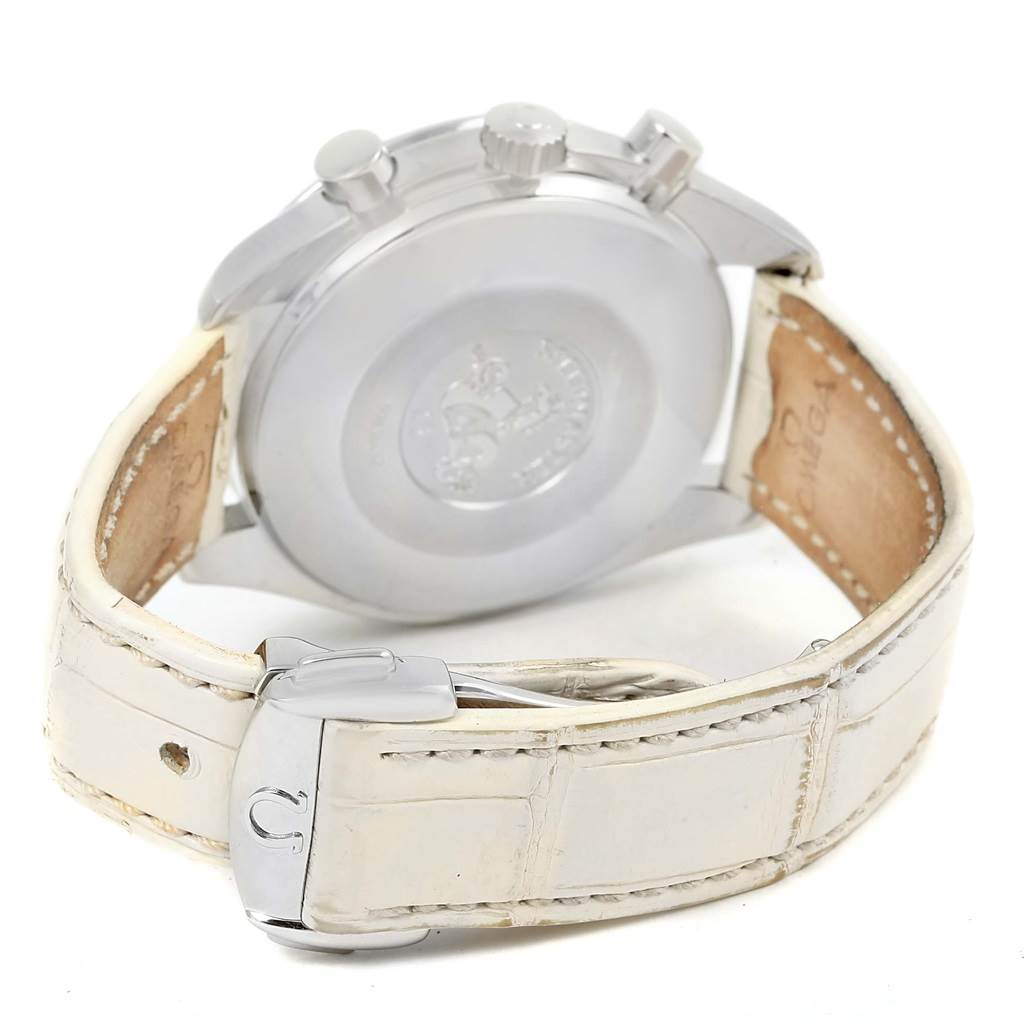 The image shows the back view of the Omega 3815.70.36 Women's Stainless Steel Mother of Pearl Dial 3815.70.36 Women's Stainless Steel Mother of Pearl Dial Speedmaster Ladies Diamond MOP Dial Watch 3815.70.36, highlighting the clasp, case back, and white strap.