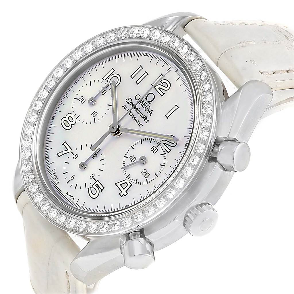 The Omega 3815.70.36 Women's Stainless Steel Mother of Pearl Dial 3815.70.36 Women's Stainless Steel Mother of Pearl Dial Speedmaster Ladies Diamond MOP Dial Watch 3815.70.36 is shown from an angled view displaying the dial, bezel, and pushers.