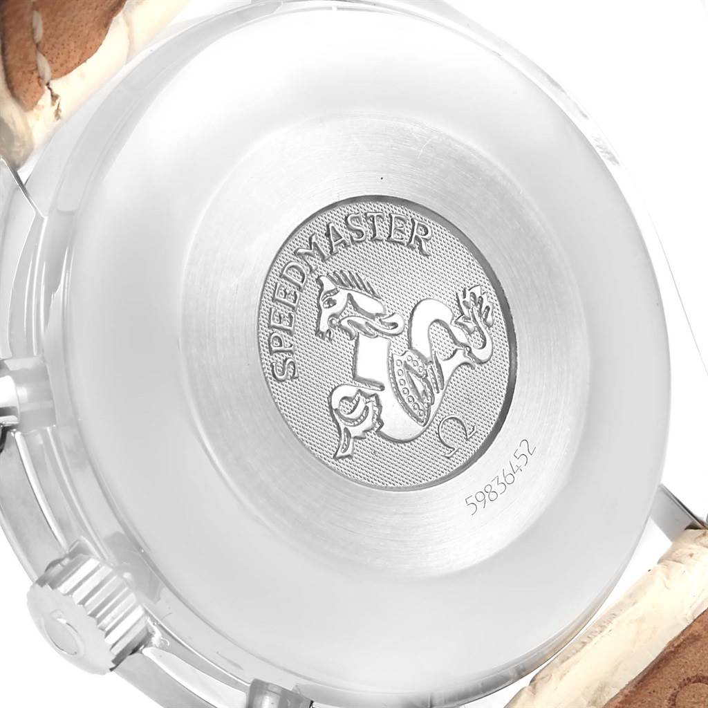 The close-up angle shows the back of the Omega 3815.70.36 Women's Stainless Steel Mother of Pearl Dial 3815.70.36 Women's Stainless Steel Mother of Pearl Dial Speedmaster Ladies Diamond MOP Dial Watch 3815.70.36.