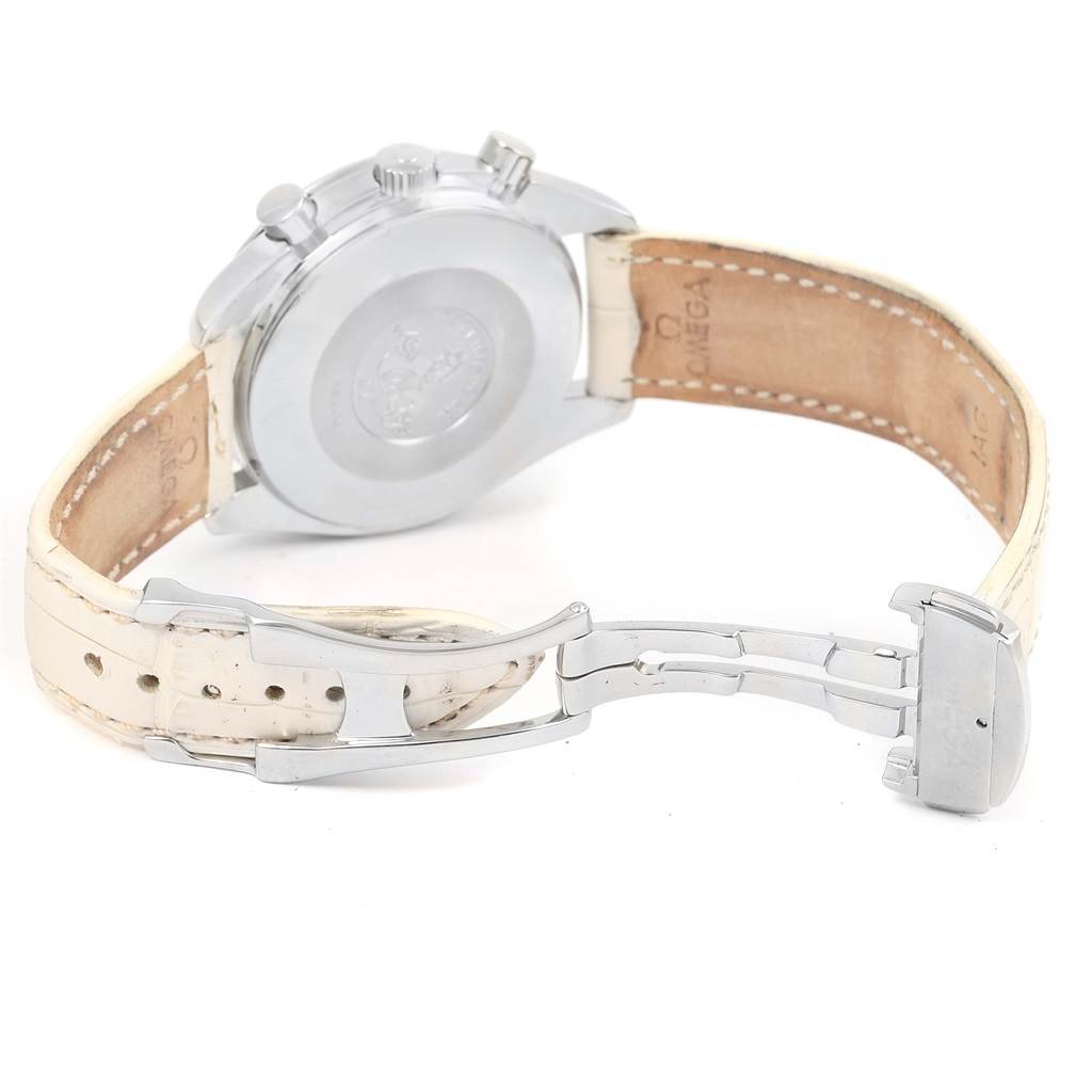 The image shows the back and side angle of the Omega 3815.70.36 Women's Stainless Steel Mother of Pearl Dial 3815.70.36 Women's Stainless Steel Mother of Pearl Dial Speedmaster Ladies Diamond MOP Dial Watch 3815.70.36, highlighting the clasp and strap.