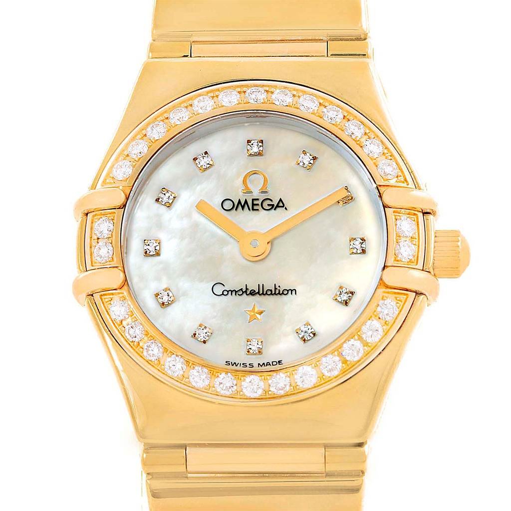 The image shows a front view of the Omega 1164.75.00 Women's Yellow Gold Mother of Pearl Dial 1164.75.00 Women's Yellow Gold Mother of Pearl Dial Constellation My Choice Yellow Gold MOP Diamond Ladies Watch 1164.75.00.