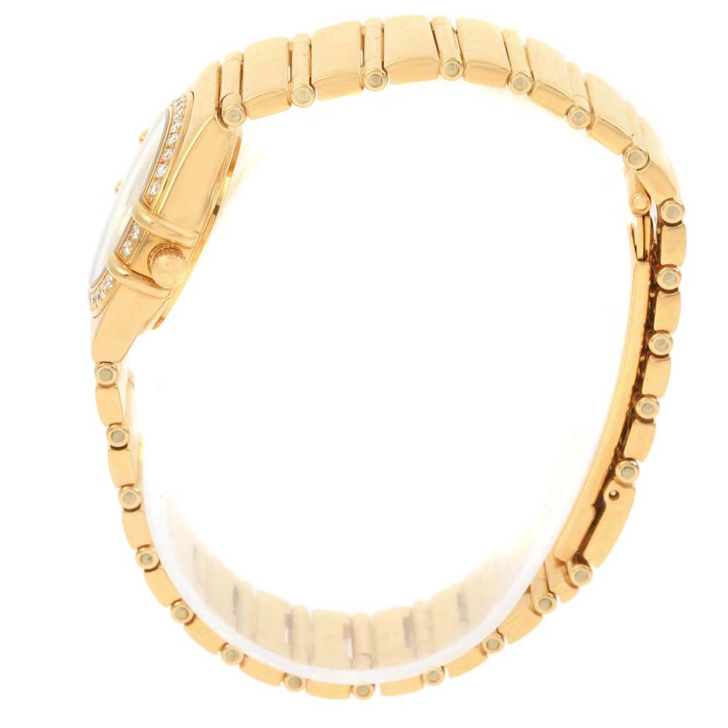 The image shows a side view of the Omega 1164.75.00 Women's Yellow Gold Mother of Pearl Dial 1164.75.00 Women's Yellow Gold Mother of Pearl Dial Constellation My Choice Yellow Gold MOP Diamond Ladies Watch 1164.75.00, highlighting the band and side of the face.