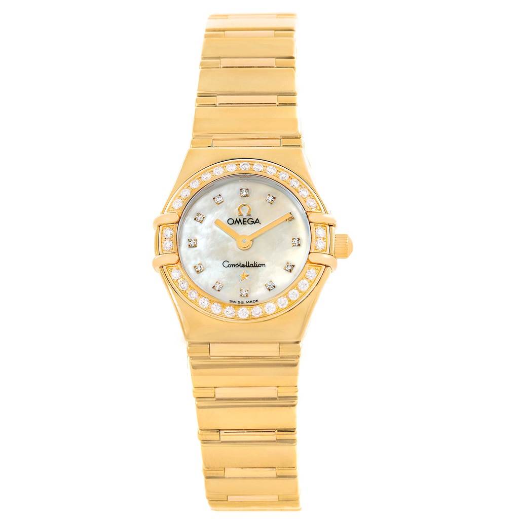 The Omega 1164.75.00 Women's Yellow Gold Mother of Pearl Dial 1164.75.00 Women's Yellow Gold Mother of Pearl Dial Constellation My Choice Yellow Gold MOP Diamond Ladies Watch 1164.75.00 is shown from a front angle displaying the face and bracelet.