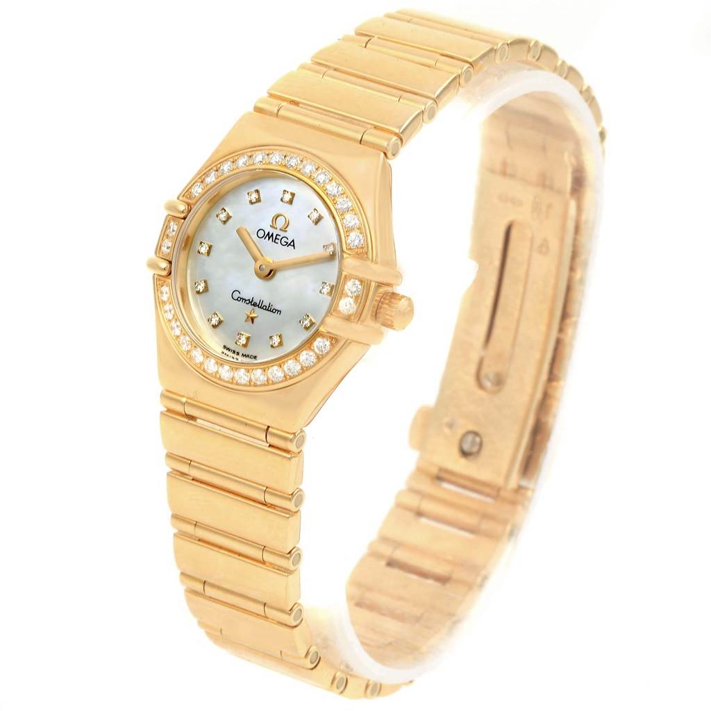 The image shows an Omega 1164.75.00 Women's Yellow Gold Mother of Pearl Dial 1164.75.00 Women's Yellow Gold Mother of Pearl Dial Constellation My Choice Yellow Gold MOP Diamond Ladies Watch 1164.75.00 from an angled perspective, highlighting its face and bracelet.