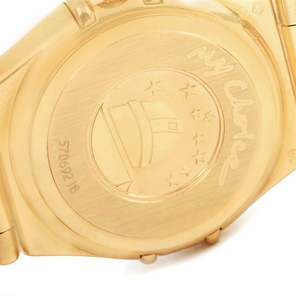 The image shows the engraved case back of the Omega 1164.75.00 Women's Yellow Gold Mother of Pearl Dial 1164.75.00 Women's Yellow Gold Mother of Pearl Dial Constellation My Choice Yellow Gold Ladies Watch model 1164.75.00.