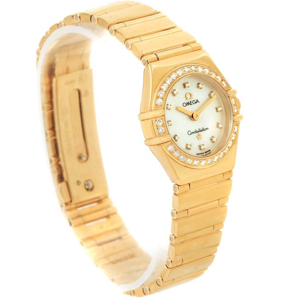 The Omega 1164.75.00 Women's Yellow Gold Mother of Pearl Dial 1164.75.00 Women's Yellow Gold Mother of Pearl Dial Constellation My Choice Yellow Gold MOP Diamond Ladies Watch 1164.75.00 is shown at an angle displaying its face and band.